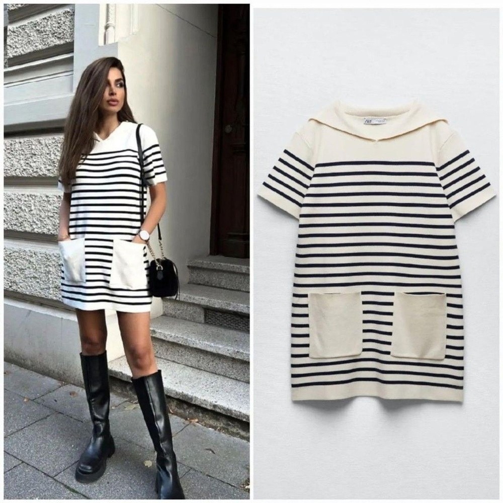 Zara Women's Medium Cream and Navy Striped Dress with Collar and Pockets